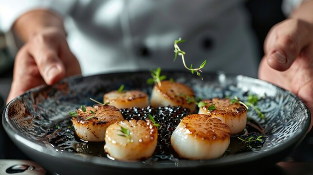 Chef presents a gourmet dish of seared scallops on black rice with fresh herbs