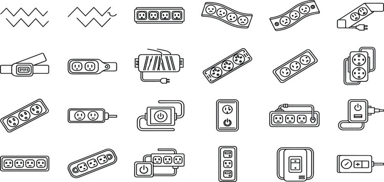 Electrical Outlets and Power Strips Collection Featuring Plug Adapters, Extension Cords, and Socket Designs for Power, Technology, and Home Decor Illustrations