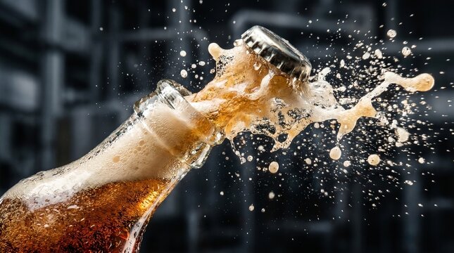 Carbonated Soft Drink Splashing from Open Bottle