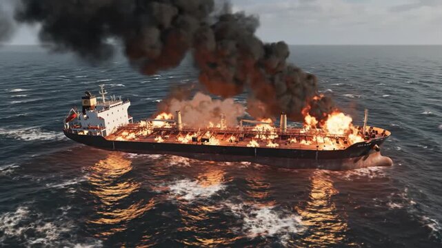 Cinematic drone style top down shot of a massive oil tanker burning in open water Fire glows intensely across the ship while smoke spreads across the sky Ocean reflects orange highlights natural wave 