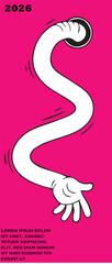 Fototapeta premium Cartoon hand reaching out from a hole on a bright pink background