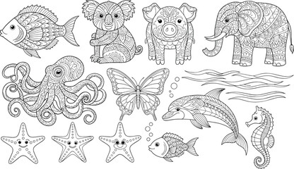 Naklejka premium Intricate animal illustration set featuring fish, octopus, butterfly, elephant, dolphin, seahorse, and ornamental wildlife in detailed line art vector design