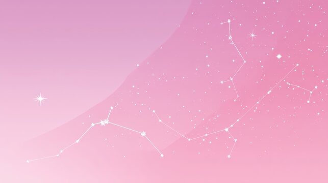 A pink background features white star constellations and scattered stars, a dreamy celestial design, kid friendly colorful planet background