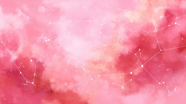 A dreamy pink and red cosmic sky with white constellation lines connecting stars across the scene, kid friendly colorful planet background