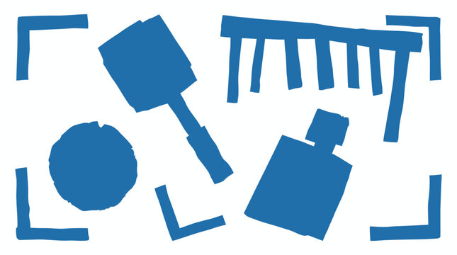 Abstract blue shapes representing tools and objects on a white background with framing elements suggesting a scan or capture