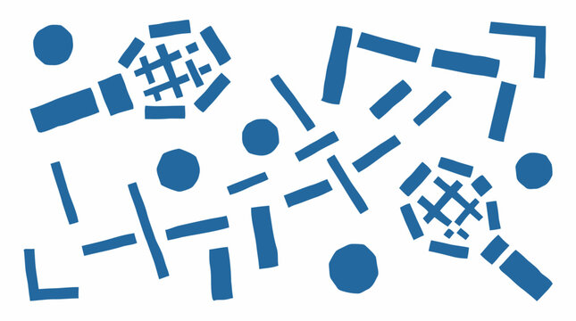 Abstract blue geometric shapes and circles scattered on a white background creating a playful and modern design pattern