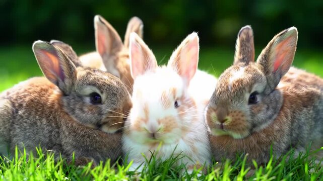 Group of five small baby rabbits with brown and white fur sitting close together on a lush green lawn in bright daylight, showcasing soft fluffy textures and long upright ears.