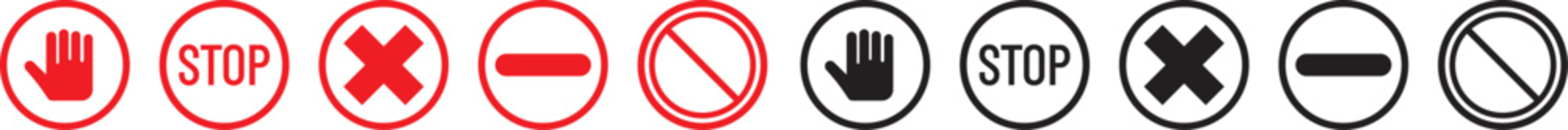 Stop sign and no entry traffic sign. Road safety and prohibition symbols. Stop and no entry symbol. Red and black STOP sign isolated. Vector Stop hand sign. Red stop sign with hand icon set