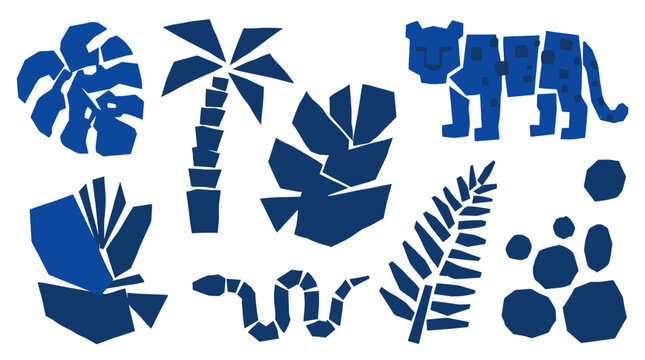 Abstract jungle elements collage with leopard palm tree snake and tropical leaves in deep blue color palette for graphic design and decor