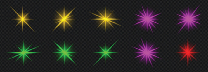 Glowing star sparkle light effect set bright shining flash flare burst vector graphic element collection abstract magic design © Rashida
