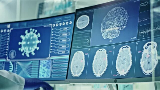 Medical research monitors displaying brain scans and virus model, signifying scientific discovery