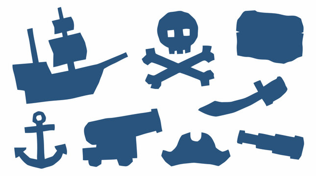 Collection of blue pirate icons including a ship cannon skull treasure chest anchor spyglass cutlass and tricorn hat on a white background