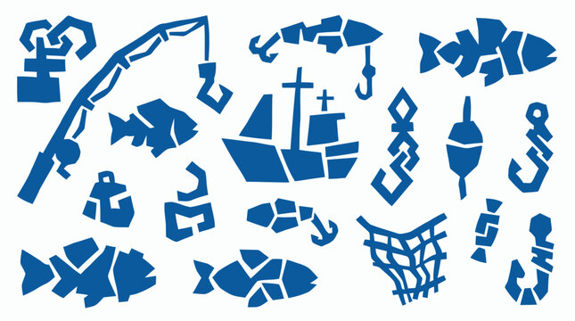 Blue fishing icons set on white background representing fishing rod boat net fish hook bait and tackle for leisure and hobby concepts