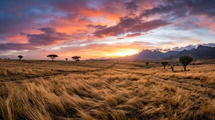 Obraz premium Vibrant sunset illuminates the vast African savanna, casting a golden glow over endless grasslands under a sky ablaze with fiery orange and purple