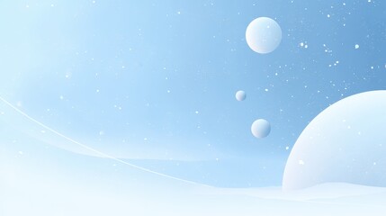 Fototapeta premium A serene, minimalistic winter landscape with snow-covered hills and large, softly glowing spheres floating in a pale blue sky, kid friendly colorful planet background