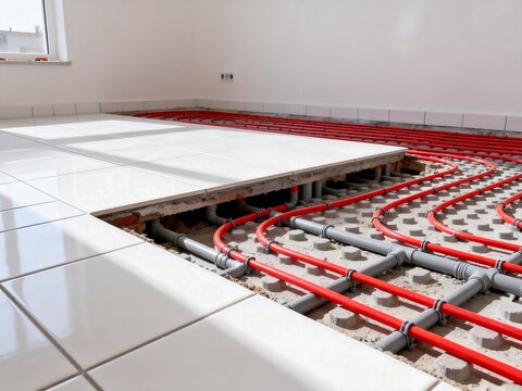 Floor Heating System with Red Pipes and Tiles Installation