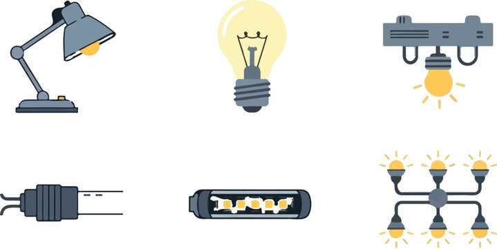 Modern lighting equipment icons set, professional lamp and light bulb vector collection, industrial office desk lamp and ceiling fixtures
