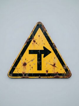 Rusty Triangular Road Sign Indicating Right Turn