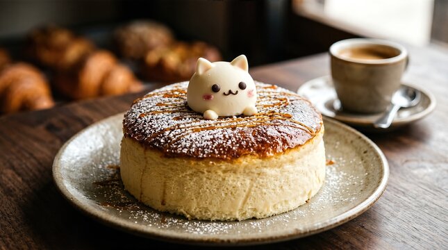 Fluffy Japanese souffle pancake topped with a cute cat-shaped cream decoration served on a round plate with a cup of coffee in a cozy cafe setting
