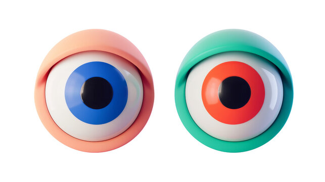 Set of two excited modern colorful 3D eyes illustrations on transparent background