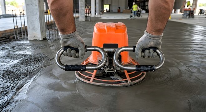 Construction worker using a power trowel to smooth wet concrete on a building site floor.
