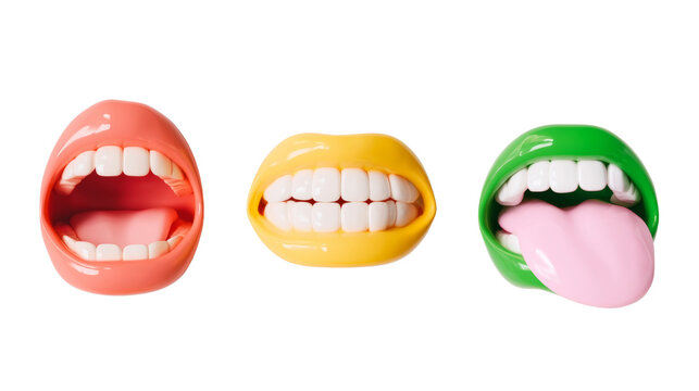 Set of 3D cartoon mouth expressions on transparent background