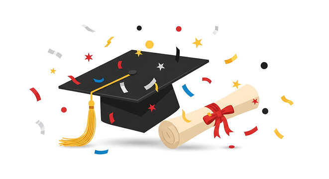 Graduation cap, diploma, confetti, graduation ceremony, academic achievement