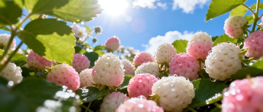 Sunlit Cloudberries with Green Leaves and Blue Sky