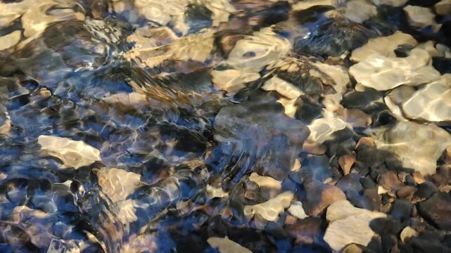 Strumień o krystalicznej wodzie płynący po kamienistym dnie &ndash; naturalna tekstura, refleksy światła i spokojny krajobraz.