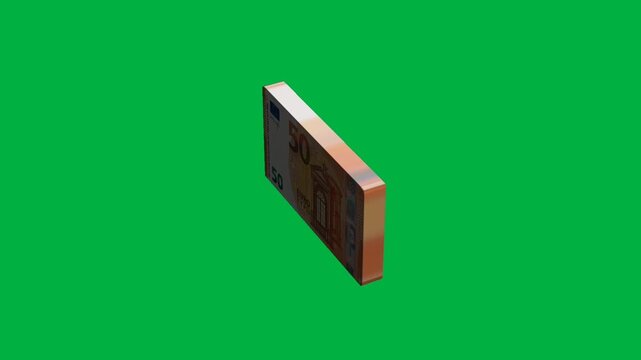 Rotating bundle of fifty euro banknotes on green screen background.   
3d animation of 50 euro