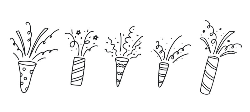 Exploding firecrackers with confetti, sparks, ribbons,  stardust set. In doodle style. Hand drawn ink childrens party supplies. Vector graphic