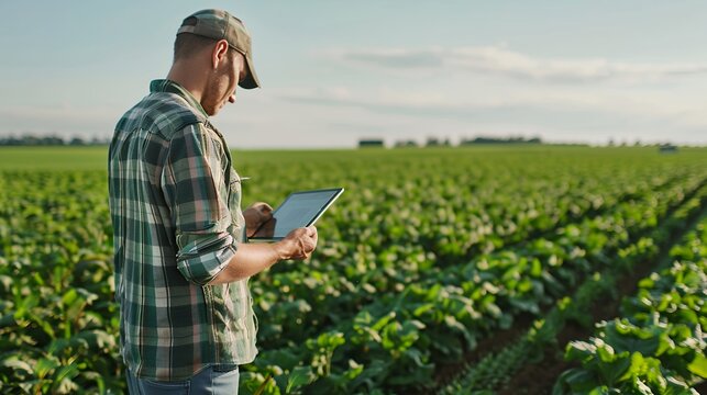 Agronomist using tablet to analyze crop health in lush green field under bright daylight