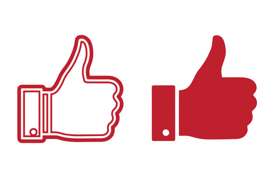 Red thumbs up on white background, outlined and filled thumbsup like approve approval