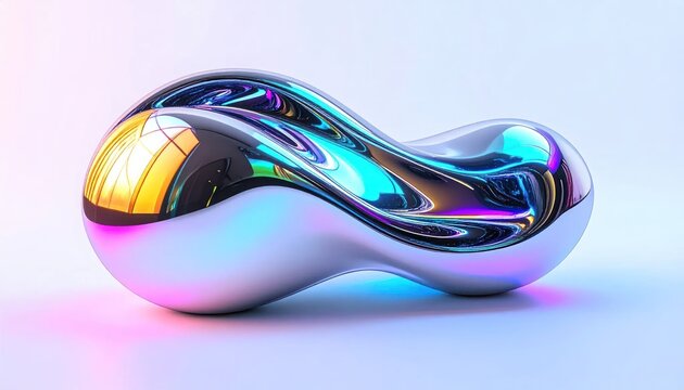Abstract Chrome Sculpture with Iridescent Reflections on Gradient Background.