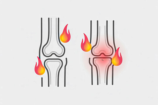 Medical illustration comparing a healthy knee joint with one showing inflammation and pain depicted by glowing red heat and fire symbols symbolizing arthritis or injury