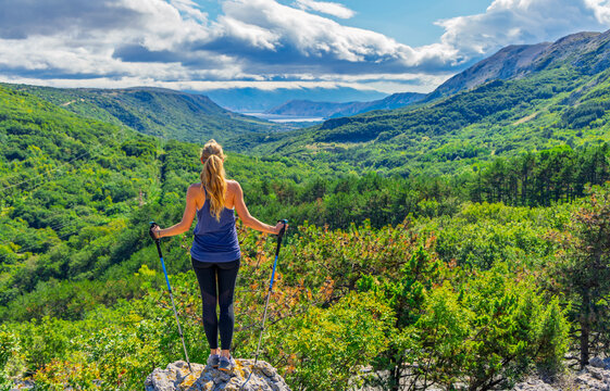 woman hiker with trekking poles looking at green valley and mountains freedom concept