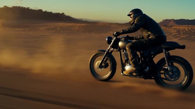 A motorcycle rider accelerates across a sandy desert area while the sun sets in the background, creating dust clouds behind