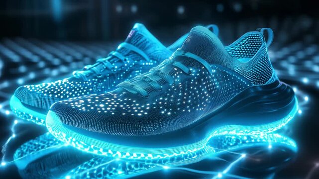 Shoes illuminate with blue lights while showcased at a technology event in an indoor venue