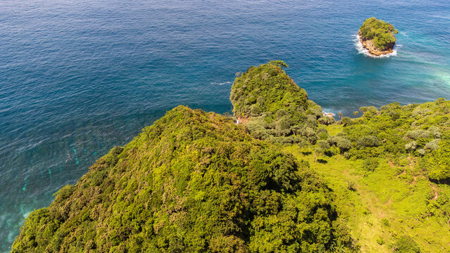 Aerial View of Lush Green Coastal Cliff and Small Island in East Java Indonesia