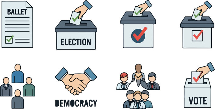 Election and democracy icon set, voting ballot paper and ballot box vector, political campaign and government choice symbols for civic participation