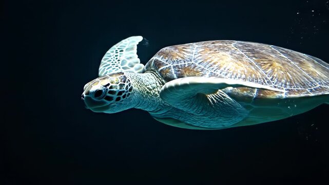 Green sea turtle (Chelonia mydas) swimming gracefully against a deep black background with rising air bubbles, showcasing detailed shell patterns and scaly flippers in soft light.