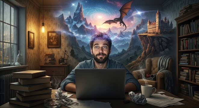 Man dreaming of fantasy world while working on laptop