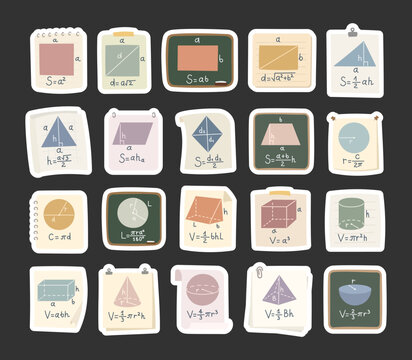 Formula figure set in scandinavian style featuring geometry math education shapes volume area square rectangle triangle circle prism cylinder