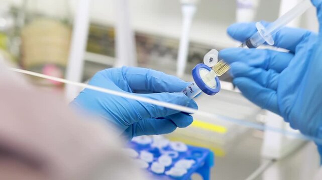 A scientist filters a medicine by pushing it through a membrane filter into a small test tube.