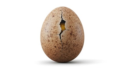 Fototapeta premium A single brown speckled egg with a prominent crack revealing the bright yellow yolk inside, isolated on a white background.