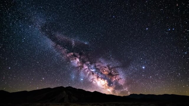 Majestic Milky Way galaxy arching over dark mountain silhouette under starry night sky