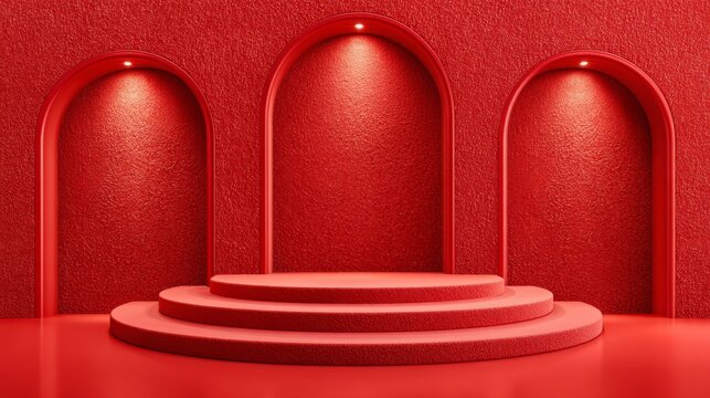 Three-tiered red cylindrical podium centered before three illuminated arches against a textured red wall. A bold, monochromatic 3D stage designed for premium product showcases.