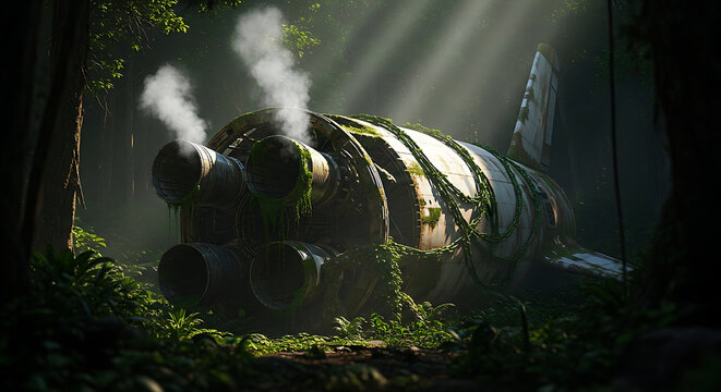 crashed spaceship wreck in an overgrown jungle smoke from engines and sunbeams highlighting nature reclaiming technology
