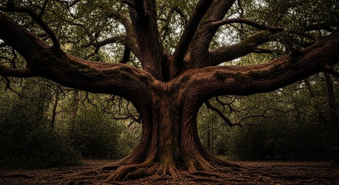 abstract background Large ancient oak tree with thick branches and green leaves in a dark mysterious forest illustration