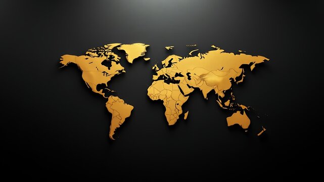 Golden world map on black background image